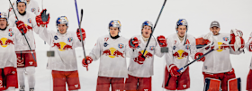 Red Bull Hockey Juniors celebrate clear 6:1 victory against Merano