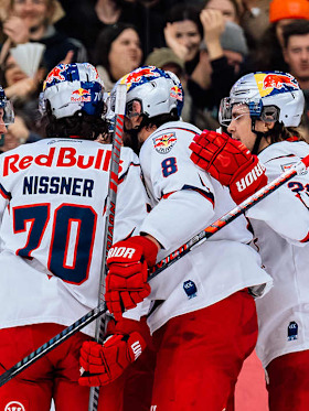 Red Bulls celebrate their biggest win of the season against Budapest Red Bulls celebrate their biggest win of the season against Budapest