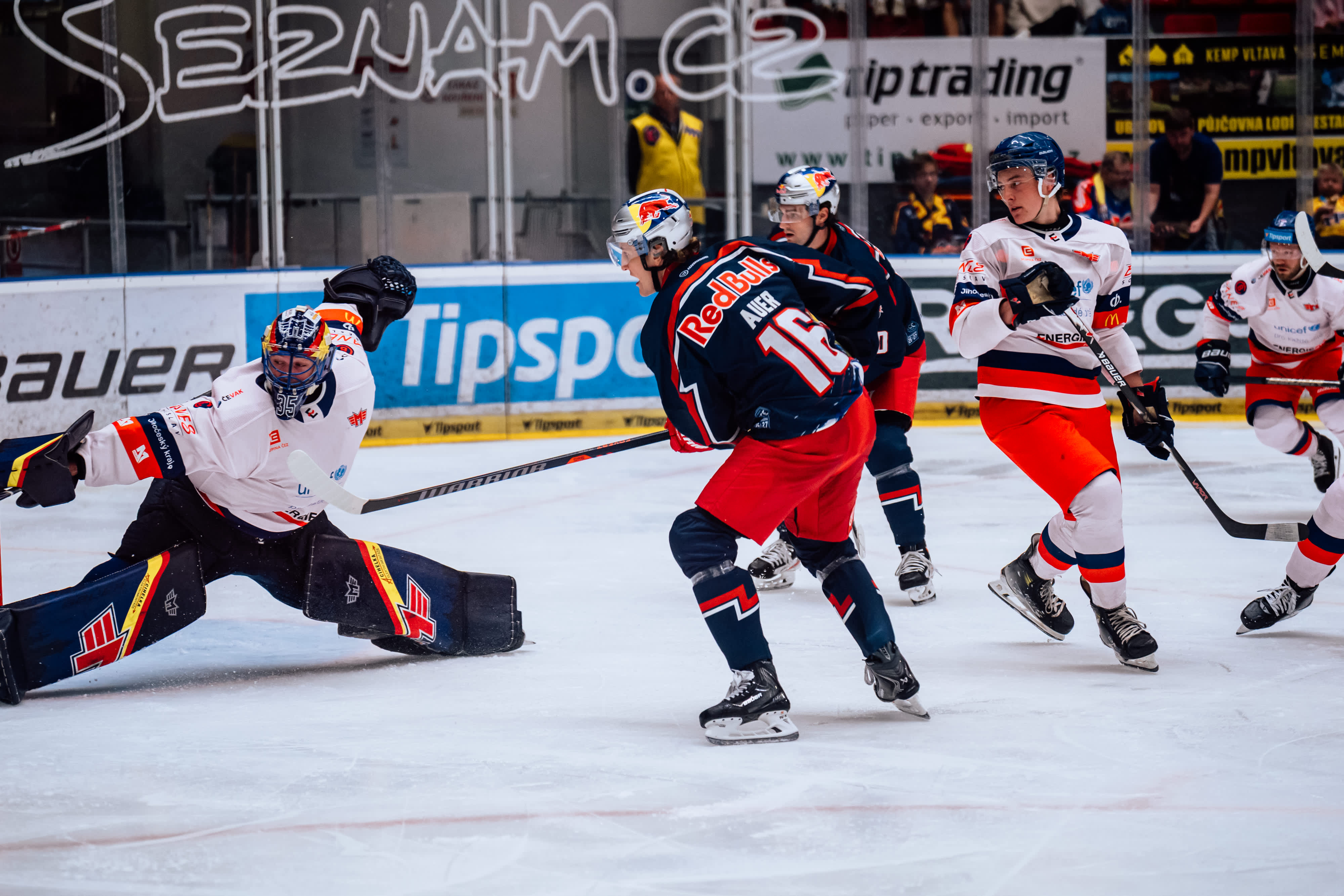Eishockeytorwart mit Schläger im Spiel, Spieler in roten und blauen Trikots, Eishockeyarena