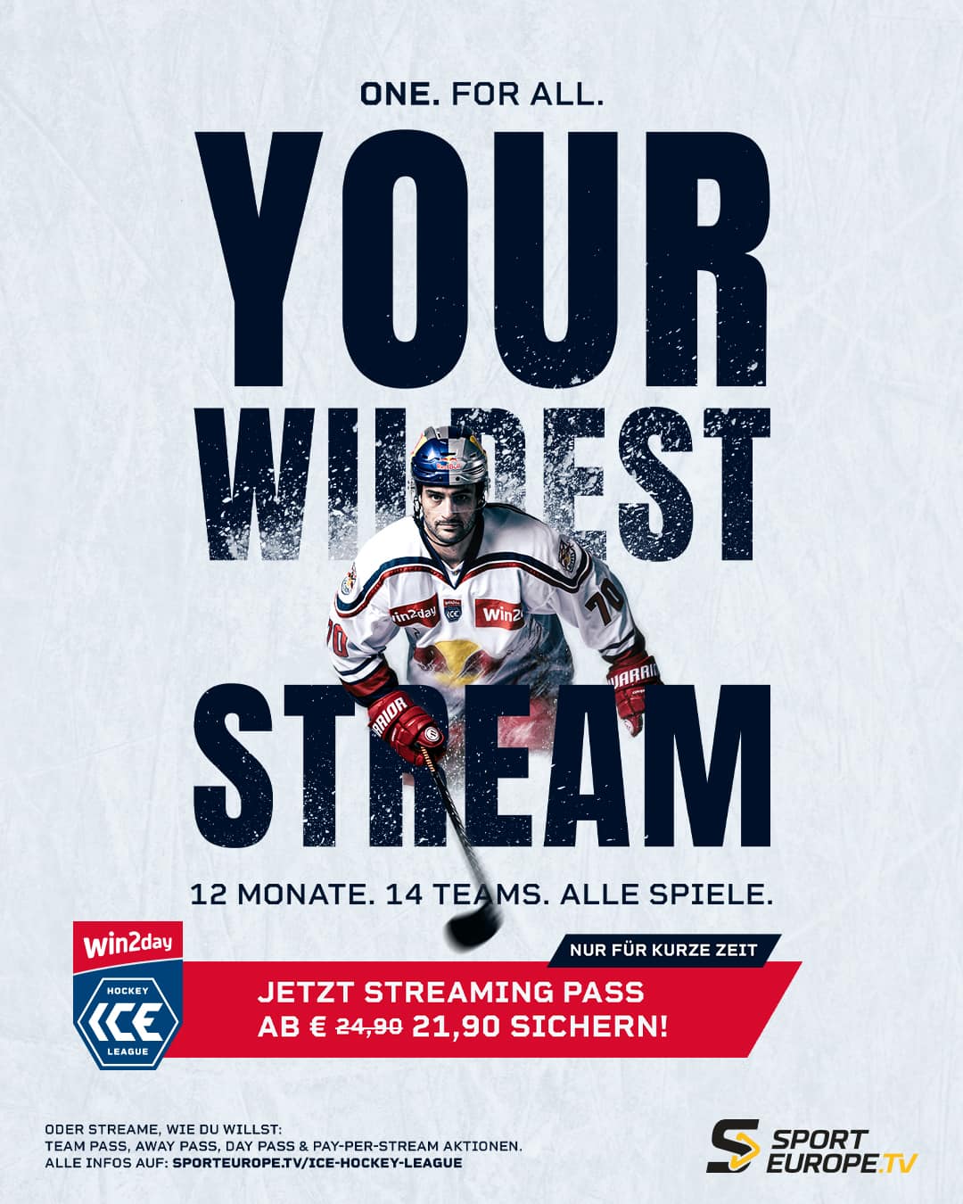 Eishockey-Spieler mit Puck und Schläger vor großflächiger Textwerbung für "Your Wildest Stream".