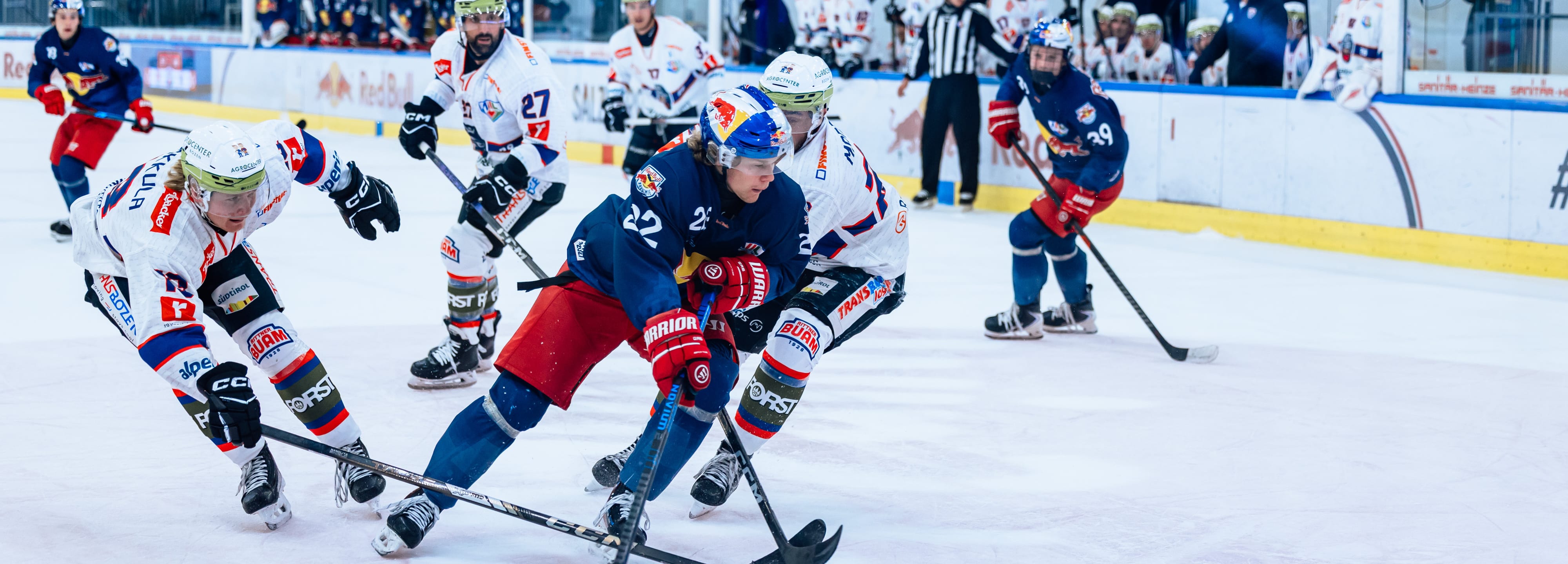 Eishockey-Spieler mit Puck auf dem Eis in Salzburg, Österreich